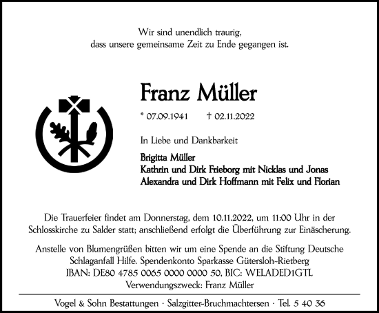 Traueranzeige von Franz Müller von Salzgitter-Zeitung