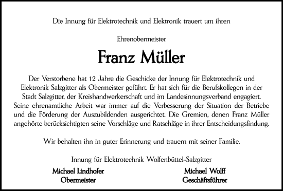 Traueranzeige von Franz Müller von Salzgitter-Zeitung