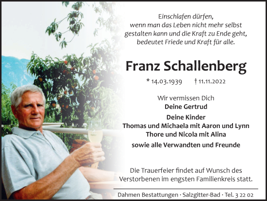 Traueranzeige von Franz Schallenberg von Salzgitter-Zeitung