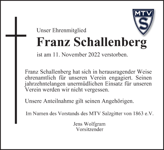 Traueranzeige von Franz Schallenberg von Salzgitter-Zeitung