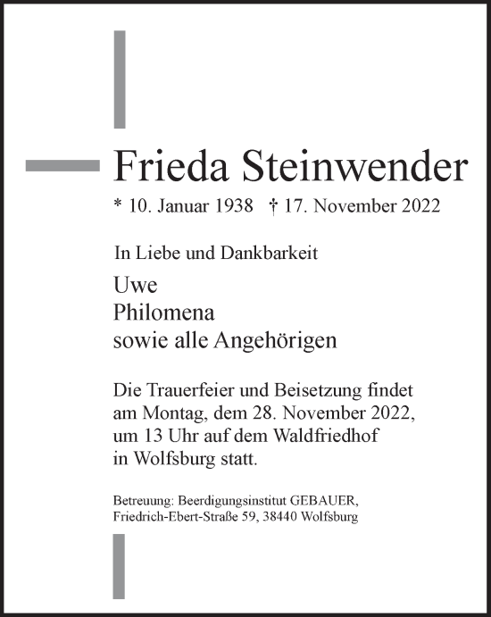 Traueranzeige von Frieda Steinwender von Wolfsburger Nachrichten