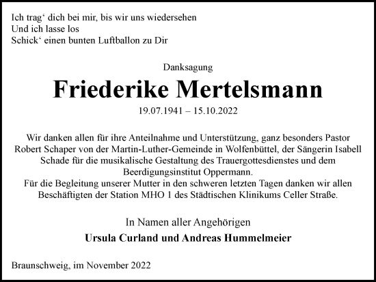 Traueranzeige von Friederike Mertelsmann von Braunschweiger Zeitung