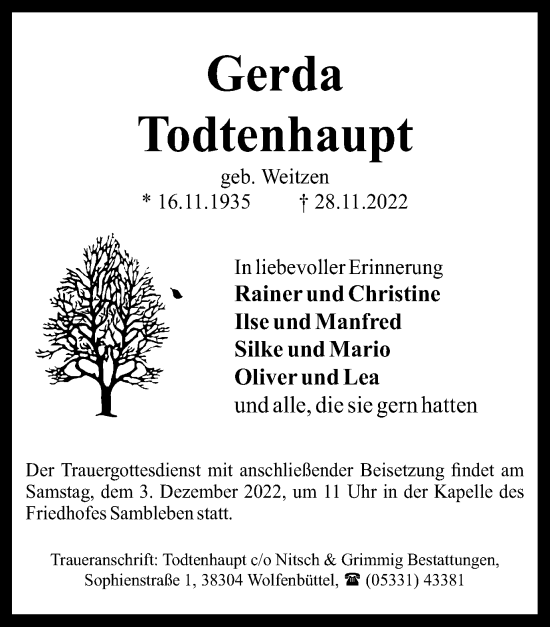 Traueranzeige von Gerda Todtenhaupt von Wolfenbütteler Zeitung