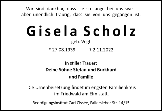 Traueranzeige von Gisela Scholz von Braunschweiger Zeitung