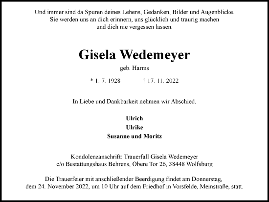 Traueranzeige von Gisela Wedemeyer von Wolfsburger Nachrichten