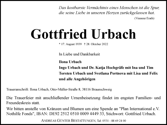 Traueranzeige von Gottfried Urbach von Braunschweiger Zeitung