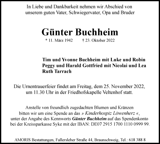 Traueranzeige von Günter Buchheim von Braunschweiger Zeitung