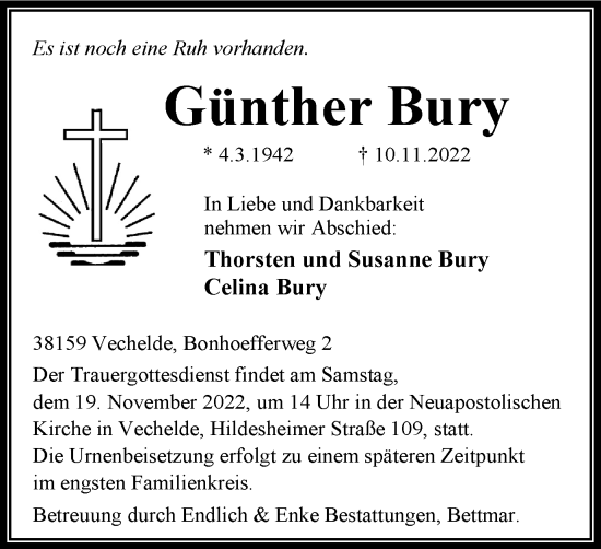 Traueranzeige von Günther Bury von Braunschweiger Zeitung