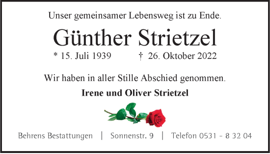 Traueranzeige von Günther Strietzel von Braunschweiger Zeitung