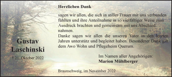 Traueranzeige von Gustav Laschinski von Braunschweiger Zeitung