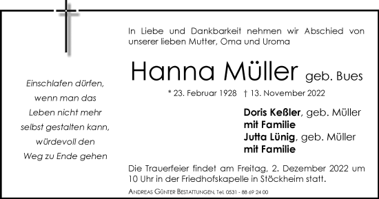 Traueranzeige von Hanna Müller von Braunschweiger Zeitung