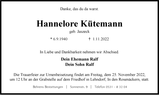 Traueranzeige von Hannelore Kütemann von Braunschweiger Zeitung