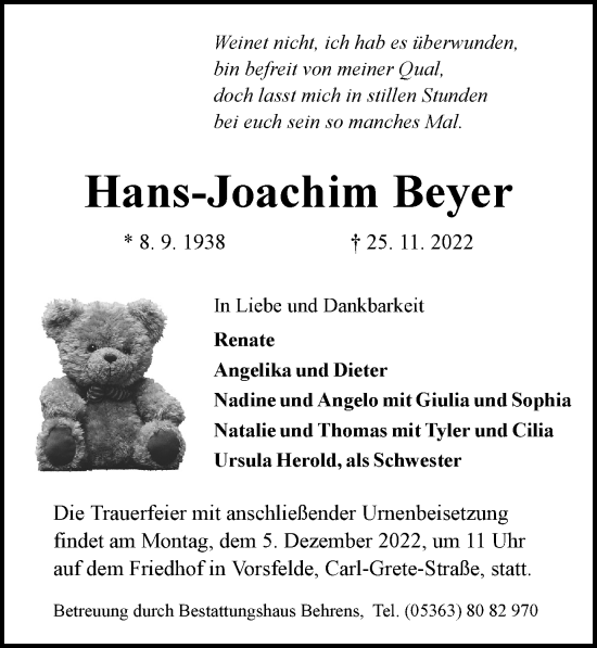 Traueranzeige von Hans-Joachim Beyer von Wolfsburger Nachrichten