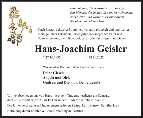 Traueranzeige von Hans-Joachim Geisler von Braunschweiger Zeitung