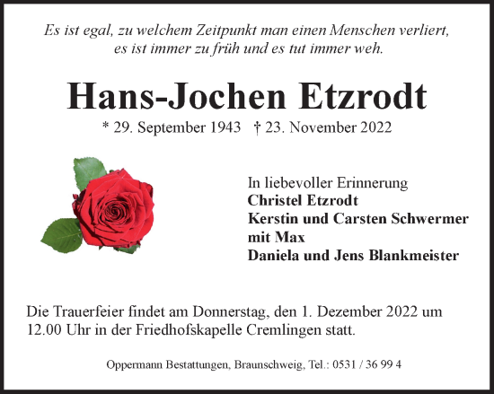 Traueranzeige von Hans-Jochen Etzrodt von Braunschweiger Zeitung