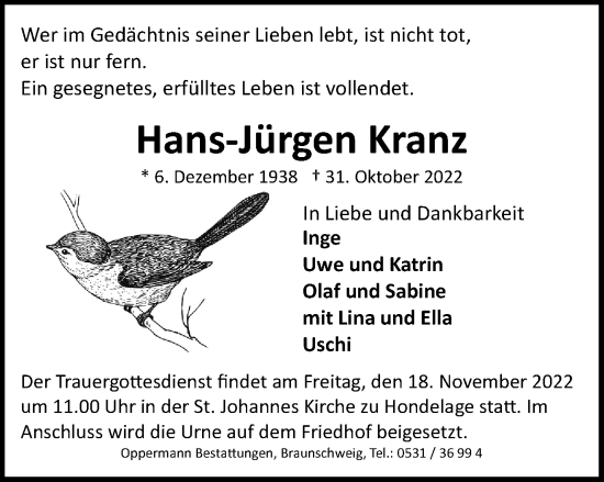 Traueranzeige von Hans-Jürgen Kranz von Braunschweiger Zeitung