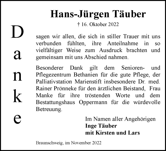 Traueranzeige von Hans-Jürgen Täuber von Braunschweiger Zeitung