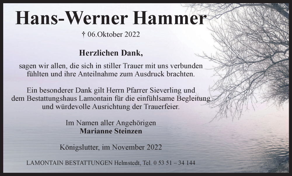  Traueranzeige für Hans-Werner Hammer vom 12.11.2022 aus Helmstedter Nachrichten