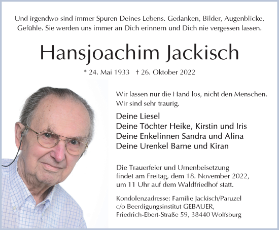 Traueranzeige von Hansjoachim Jackisch von Wolfsburger Nachrichten