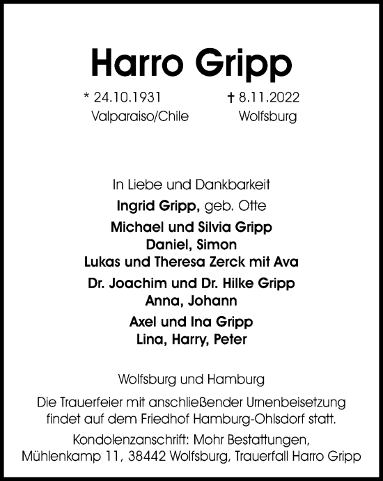 Traueranzeige von Harro Gripp von Wolfsburger Nachrichten