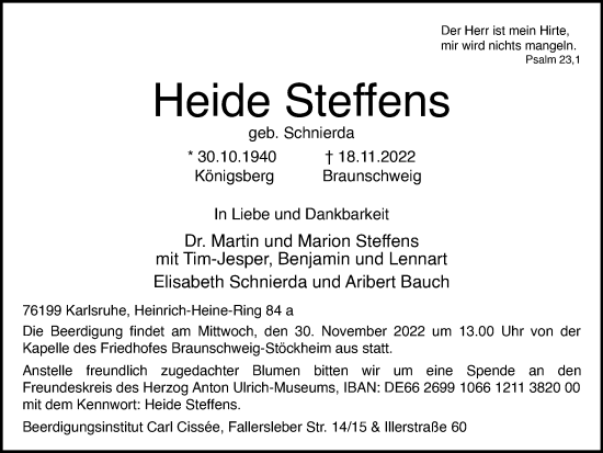 Traueranzeige von Heide Steffens von Braunschweiger Zeitung