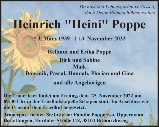 Traueranzeige von Heinrich Poppe von Braunschweiger Zeitung