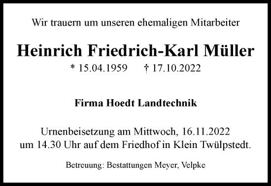 Traueranzeige von Heinrich Friedrich-Karl Müller von Helmstedter Nachrichten