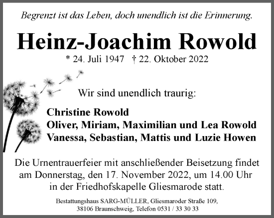 Traueranzeige von Heinz-Joachim Rowold von Braunschweiger Zeitung