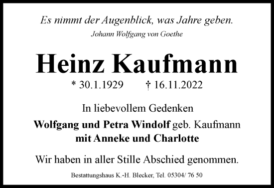 Traueranzeige von Heinz Kaufmann von Wolfsburger Nachrichten