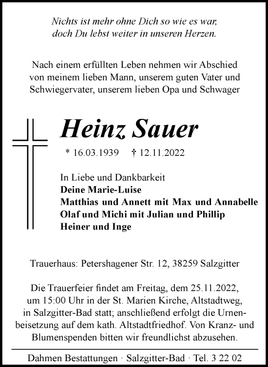 Traueranzeige von Heinz Sauer von Salzgitter-Zeitung