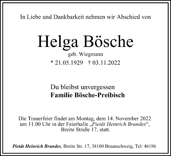 Traueranzeige von Helga Bösche von Braunschweiger Zeitung