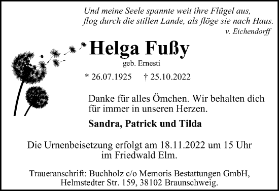 Traueranzeige von Helga Fußy von Braunschweiger Zeitung