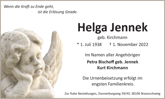 Traueranzeige von Helga Jennek von Braunschweiger Zeitung