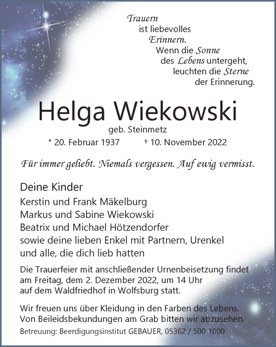 Traueranzeige von Helga Wiekowski von Wolfsburger Nachrichten