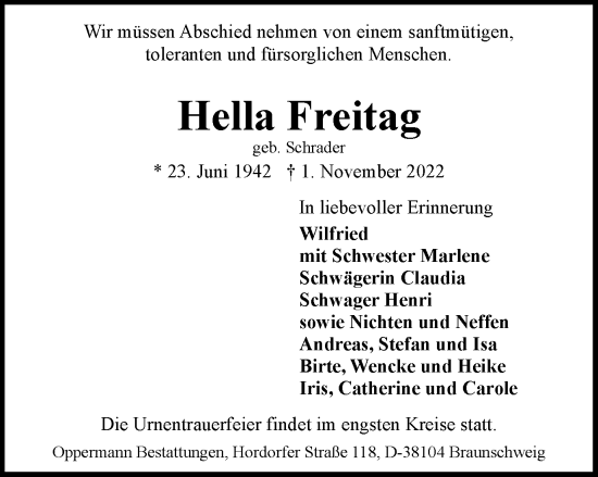 Traueranzeige von Hella Freitag von Braunschweiger Zeitung