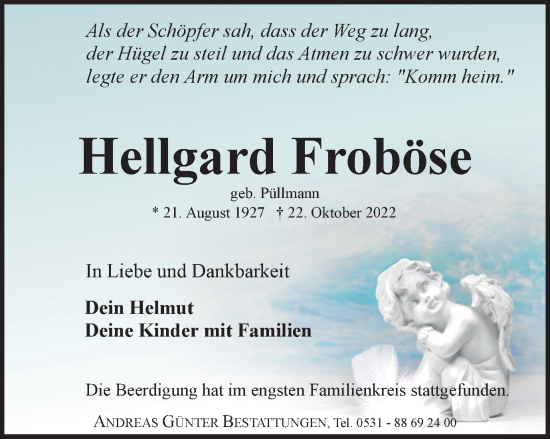 Traueranzeige von Hellgard Froböse von Braunschweiger Zeitung