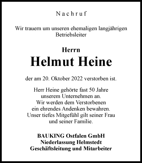 Traueranzeige von Helmut Heine von Helmstedter Nachrichten