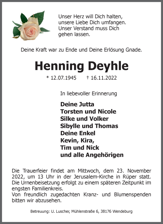 Traueranzeige von Henning Deyhle von Peiner Nachrichten