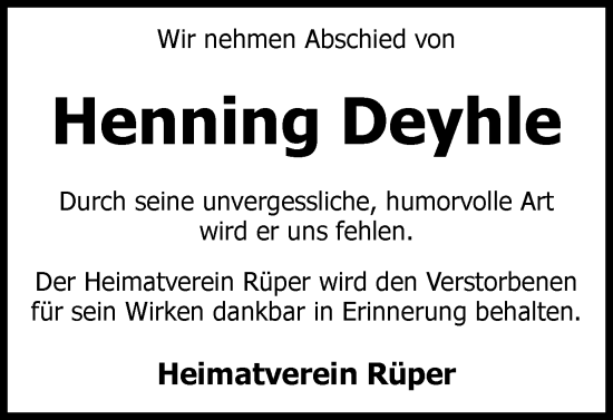 Traueranzeige von Henning Deyhle von Peiner Nachrichten