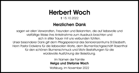 Traueranzeige von Herbert Woch von Wolfsburger Nachrichten