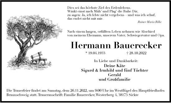 Traueranzeige von Hermann Bauerecker von Braunschweiger Zeitung