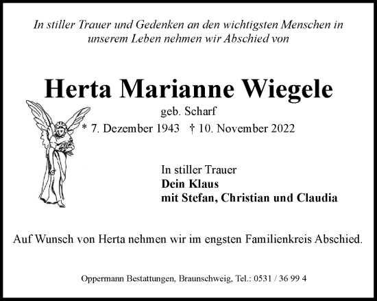 Traueranzeige von Herta Marianne Wiegele von Braunschweiger Zeitung