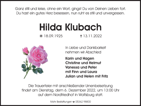 Traueranzeige von Hilda Klubach von Wolfsburger Nachrichten