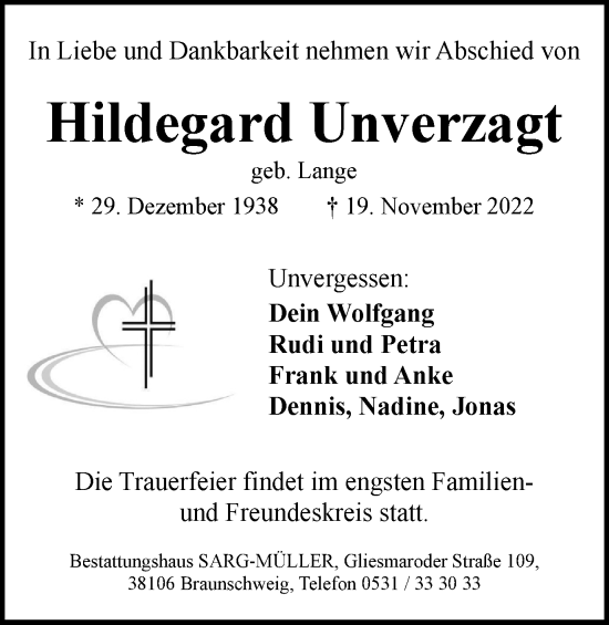 Traueranzeige von Hildegard Unverzagt von Braunschweiger Zeitung