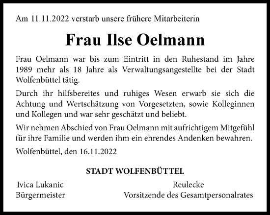 Traueranzeige von Ilse Oelmann von Wolfenbütteler Zeitung