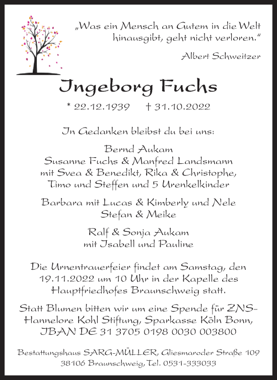 Traueranzeige von Ingeborg Fuchs von Braunschweiger Zeitung