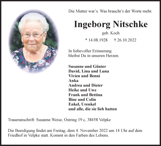 Traueranzeige von Ingeborg Nitschke von Helmstedter Nachrichten