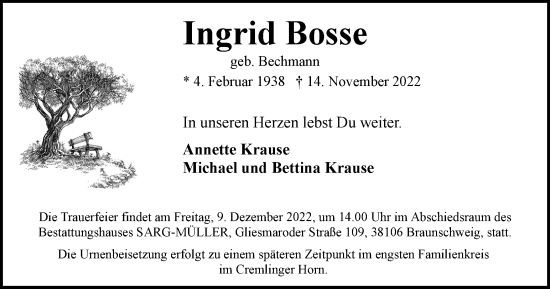 Traueranzeige von Ingrid Bosse von Braunschweiger Zeitung