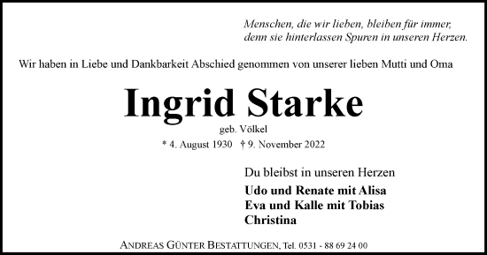 Traueranzeige von Ingrid Starke von Braunschweiger Zeitung