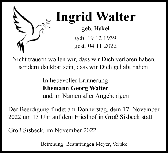 Traueranzeige von Ingrid Walter von Wolfsburger Nachrichten